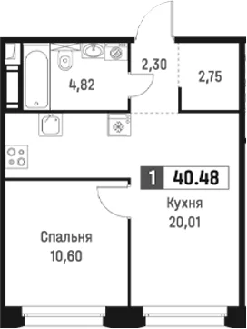 Планировка: Евродвушка 40,5 м² в ЖК «Максималист»
