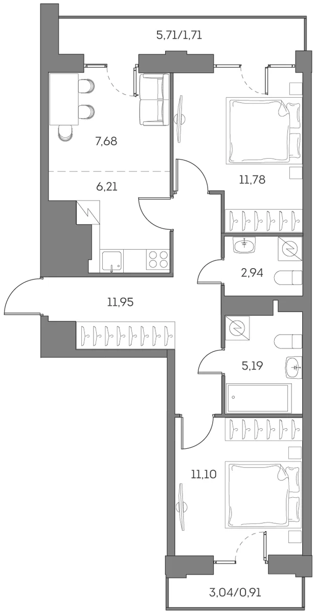 Планировка: Евротрёшка 56,9 м² в ЖК «Аквилон БИСАЙД 2.0»