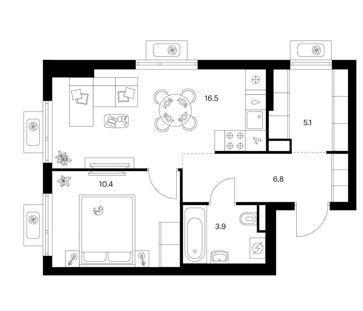 Планировка: 1-комнатная квартира 42,7 м² в ЖК «Белая Дача парк»