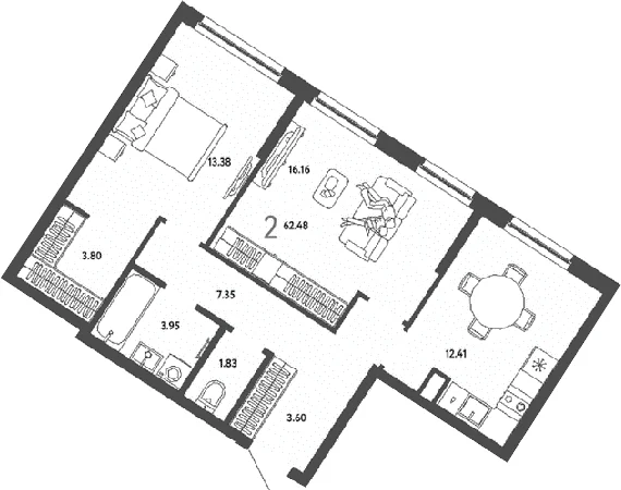 Планировка: 2-комнатная квартира 62,5 м² в ЖК «Страна.Парковая»