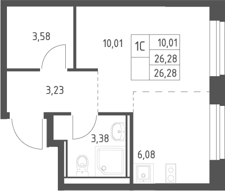 Планировка: Студия 26,3 м² в ЖК «Квартал Ивакино»
