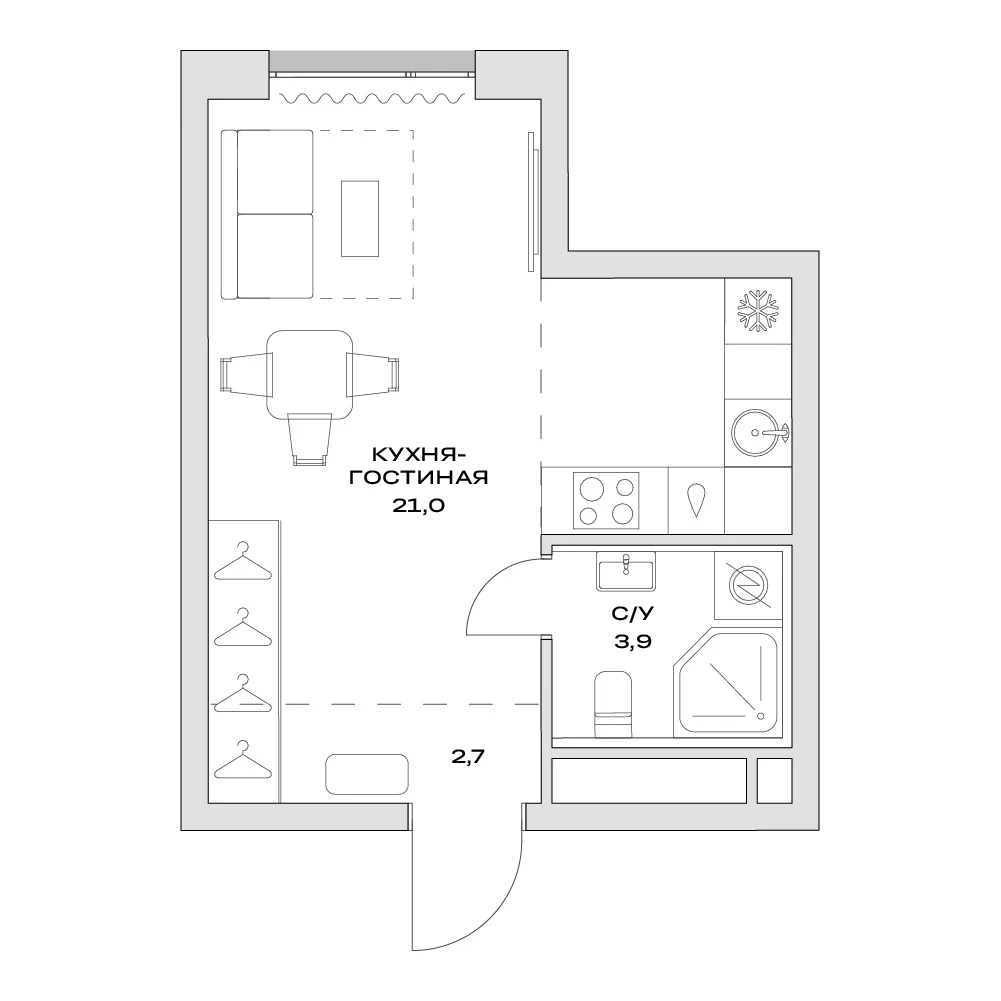 Планировка: Студия 27,6 м² в ЖК «Детали»