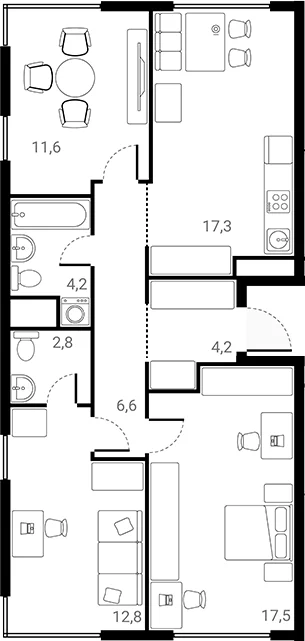 Планировка: 3-комнатная квартира 77 м² в ЖК «Лесная Коллекция»