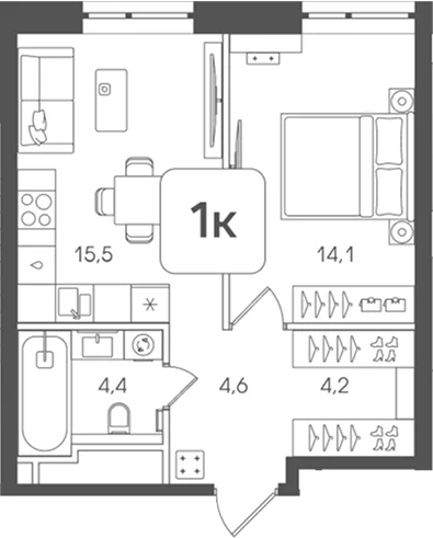Планировка: 1-комнатная квартира 42,8 м² в ЖК «Мангазея на Речном»