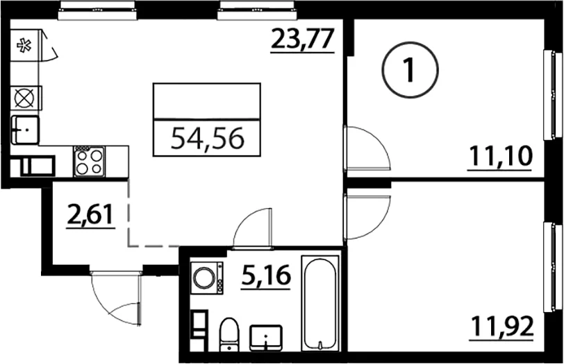 Планировка: Евротрёшка 54,6 м² в ЖК «А101 Лаголово»