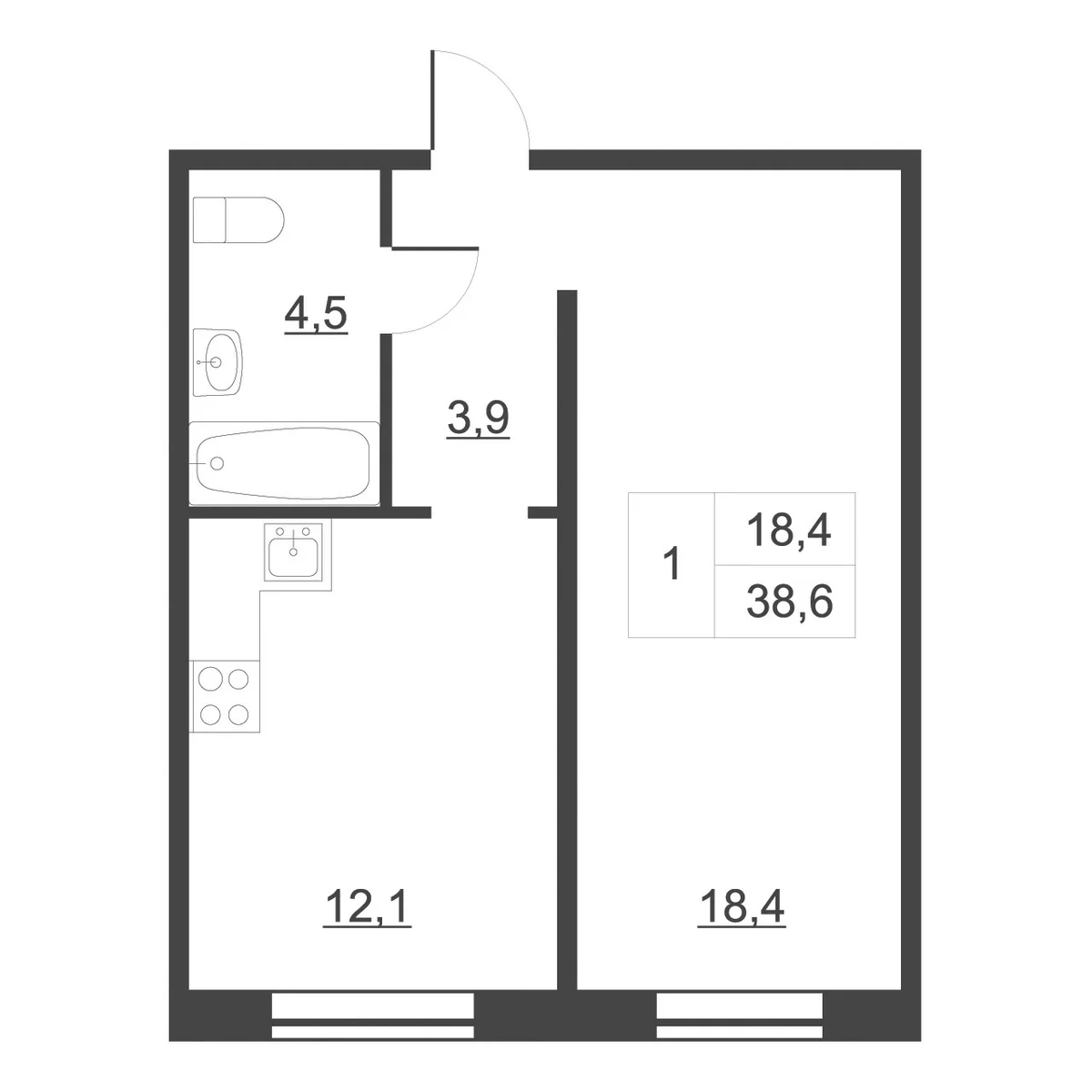 Планировка: 1-комнатная квартира 38,4 м² в ЖК «Дом на набережной. Атлантика»