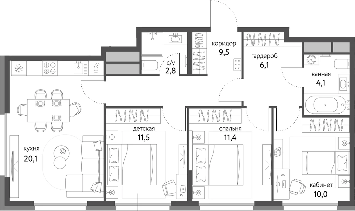 Планировка: 3-комнатная квартира 75,4 м² в ЖК «Сиреневый парк»