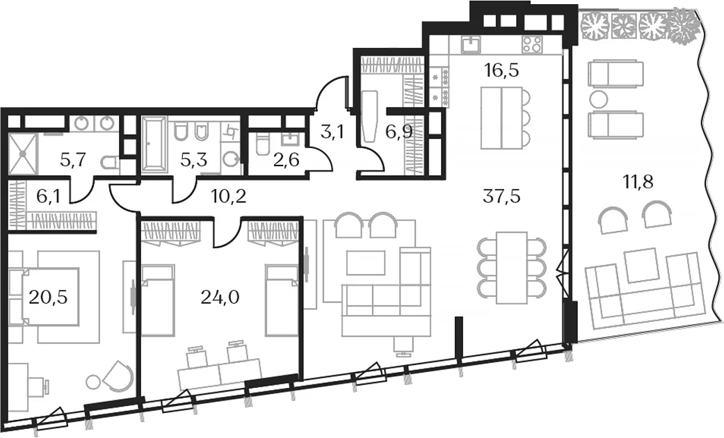 Планировка: Евротрёшка 134 м² в ЖК «Союз»