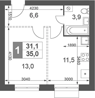 Планировка: 1-комнатная квартира 35 м² в ЖК «Дубровицы Клаб»