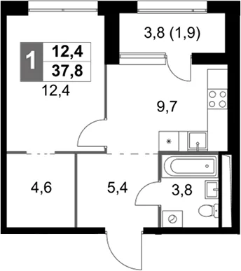 Планировка: 1-комнатная квартира 35,9 м² в ЖК «Скай Гарден»