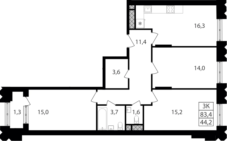 Планировка: 3-комнатная квартира 80,8 м² в ЖК «Варшавские ворота»