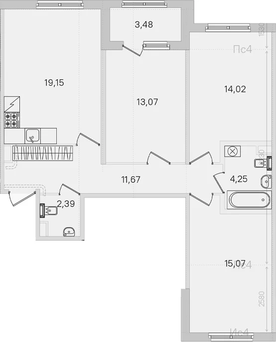 Планировка: 3-комнатная квартира 79,6 м² в ЖК «Дубровский»