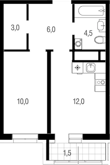 Планировка: 1-комнатная квартира 35,5 м² в ЖК «Котельники парк»