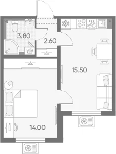 Планировка: Евродвушка 35,9 м² в ЖК «Зеркальный ручей»