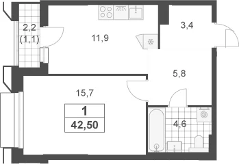 Планировка: 1-комнатная квартира 41,4 м² в ЖК «Южные сады»