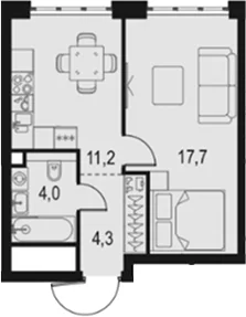 Планировка: 1-комнатная квартира 37,2 м² в ЖК «Левел Южнопортовая»