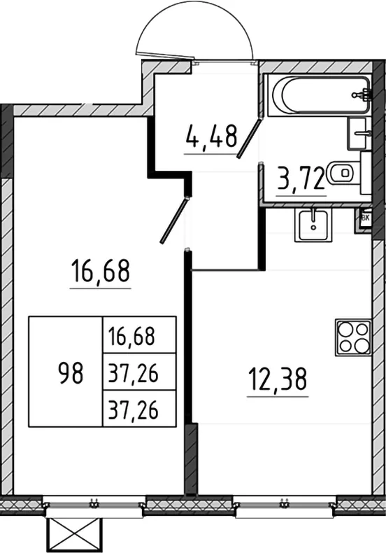 Планировка: 1-комнатная квартира 37,3 м² в ЖК «Поварово-Молодежный-2»