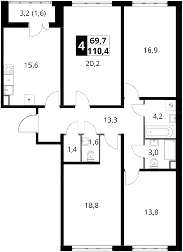 Планировка: 4-комнатная квартира 108,8 м² в ЖК «Южная Битца»
