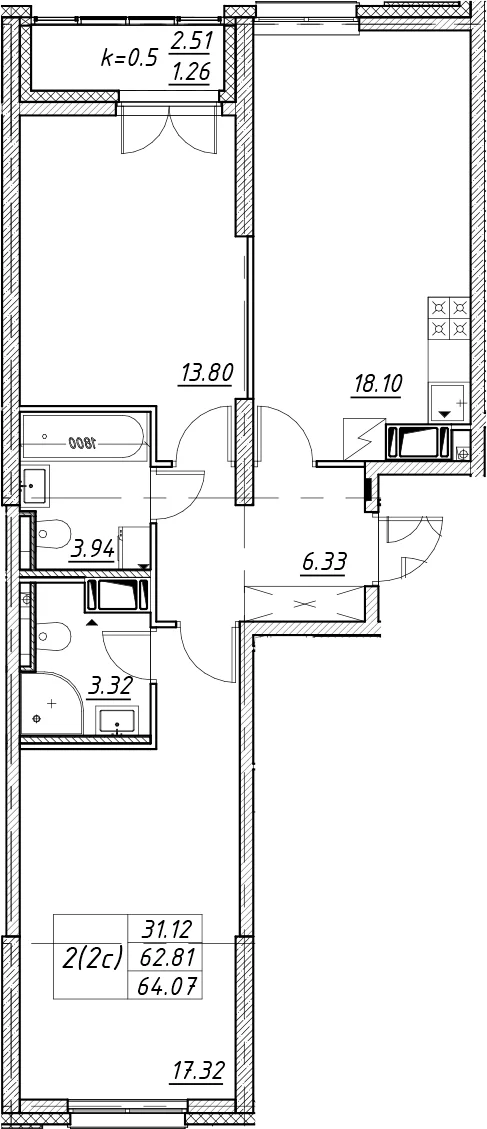 Планировка: Евротрёшка 62,8 м² в ЖК «Цивилизация на Неве»