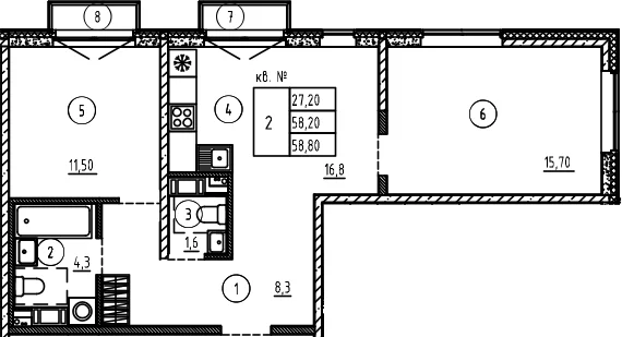 Планировка: Евротрёшка 58,2 м² в ЖК «Плюс Пулковский»
