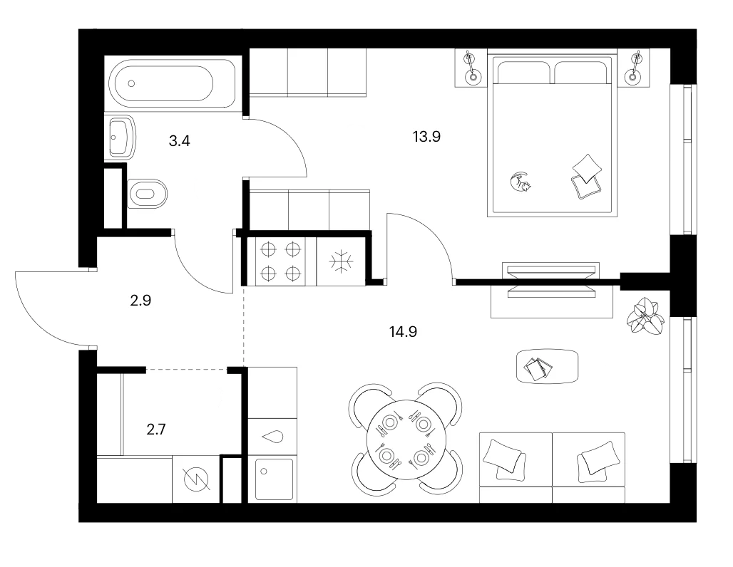 Планировка: 1-комнатная квартира 37,8 м² в ЖК «Бунинская набережная»