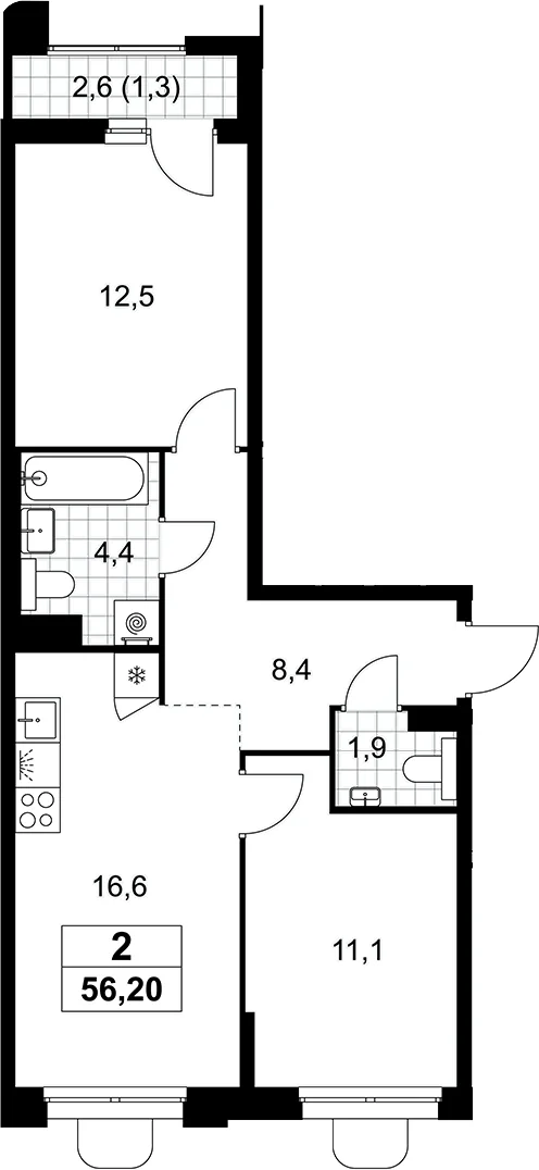 Планировка: Евротрёшка 54,9 м² в ЖК «Прокшино»