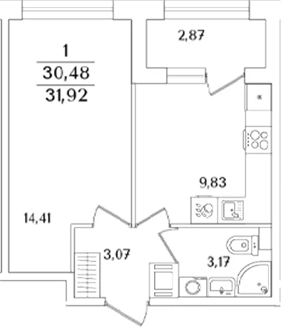 Планировка: 1-комнатная квартира 30,5 м² в ЖК «Аурум»