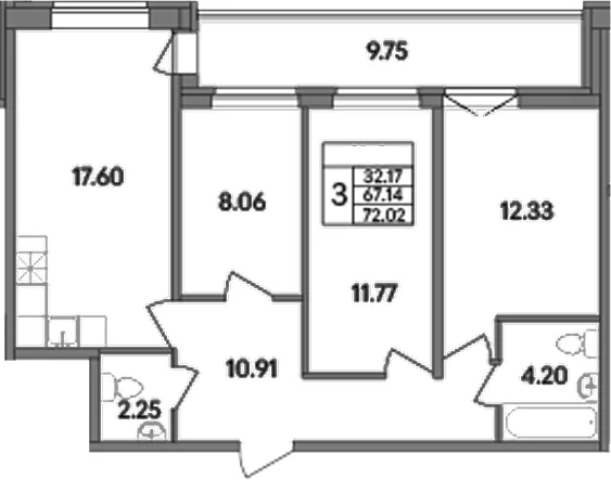 Планировка: Квартира евро-4 67,1 м² в ЖК «Рождественский квартал»