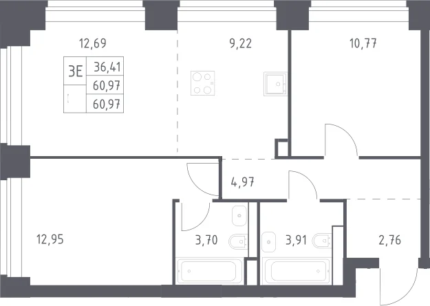 Планировка: Евротрёшка 61 м² в ЖК «НОВА»