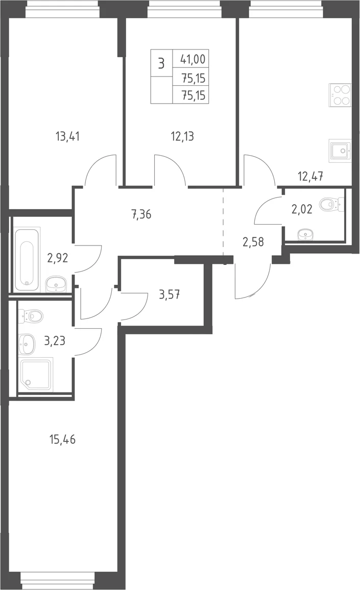 Планировка: 3-комнатная квартира 75,2 м² в ЖК «Горки Парк»