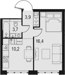 Планировка: 1-комнатная квартира 34,2 м² в ЖК «Левел Южнопортовая»