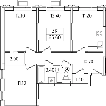 Планировка: 3-комнатная квартира 65,6 м² в ЖК «Видный Берег 2.0»