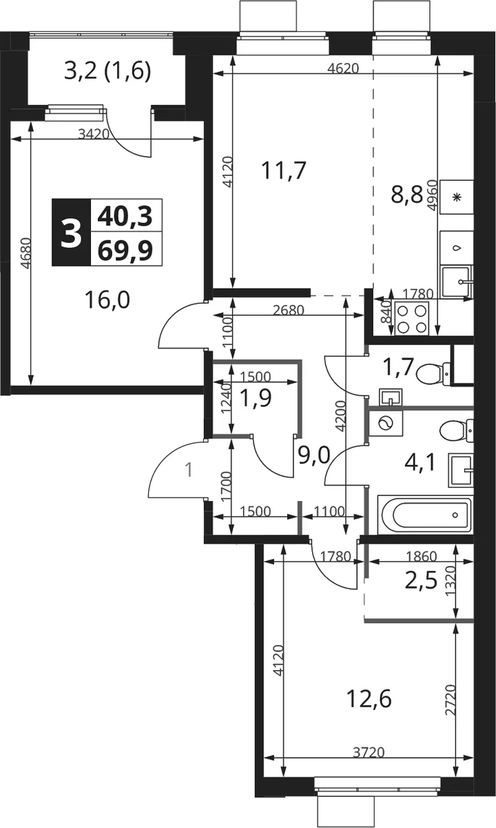 Планировка: Евротрёшка 68,3 м² в ЖК «1-й Ясеневский»