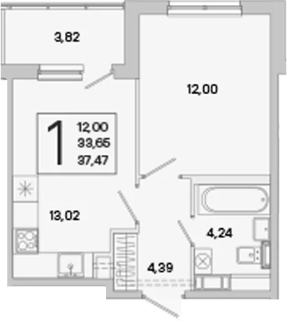 Планировка: Евродвушка 33,7 м² в ЖК «ЮгТаун. Олимпийские кварталы»