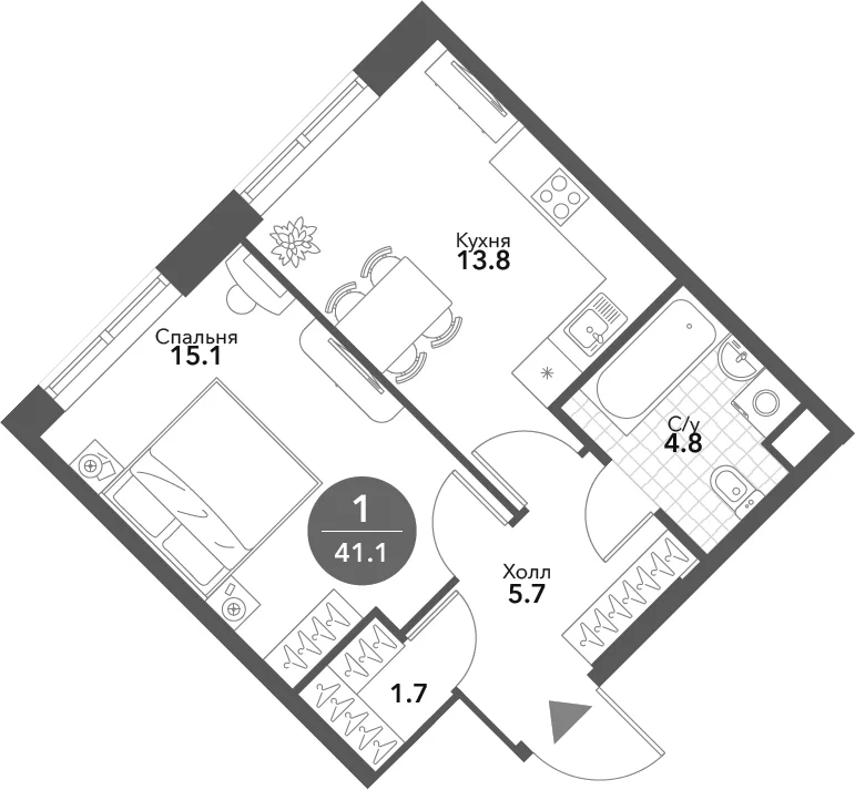 Планировка: 1-комнатная квартира 41,1 м² в ЖК «Воксхолл»