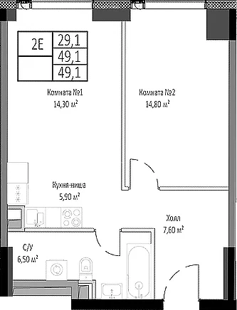 Планировка: Евродвушка 49,1 м² в ЖК «Мираполис»
