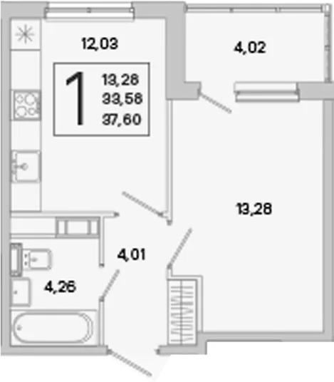 Планировка: 1-комнатная квартира 33,6 м² в ЖК «ЮгТаун. Олимпийские кварталы»
