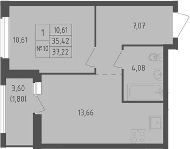 Планировка: 1-комнатная квартира 35,4 м² в ЖК «Южная Нева»