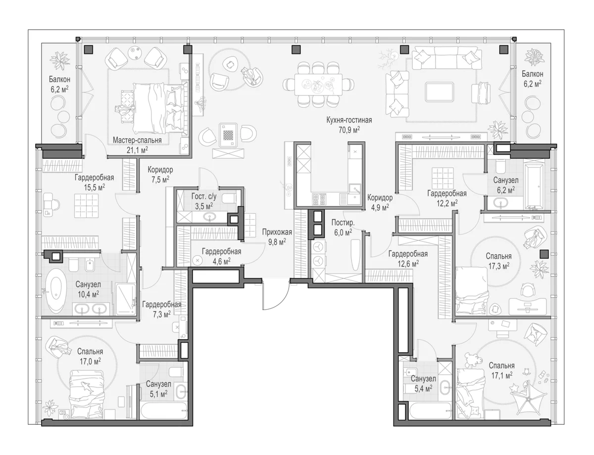 Планировка: Квартира евро-5 259,7 м² в ЖК «Клубный квартал Фрунзенский»