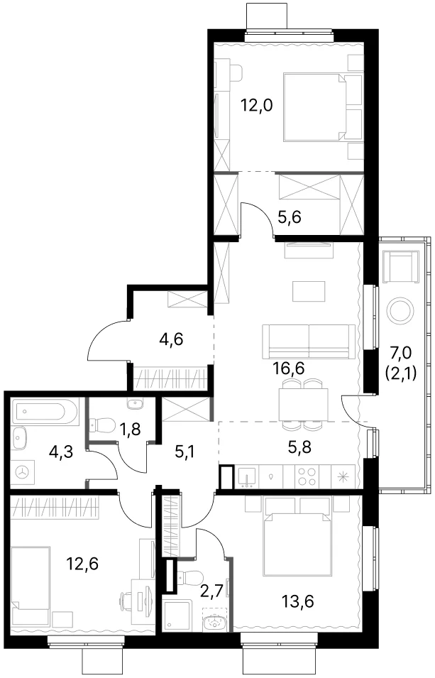 Планировка: Квартира евро-4 84,7 м² в ЖК «1-й Ясеневский»