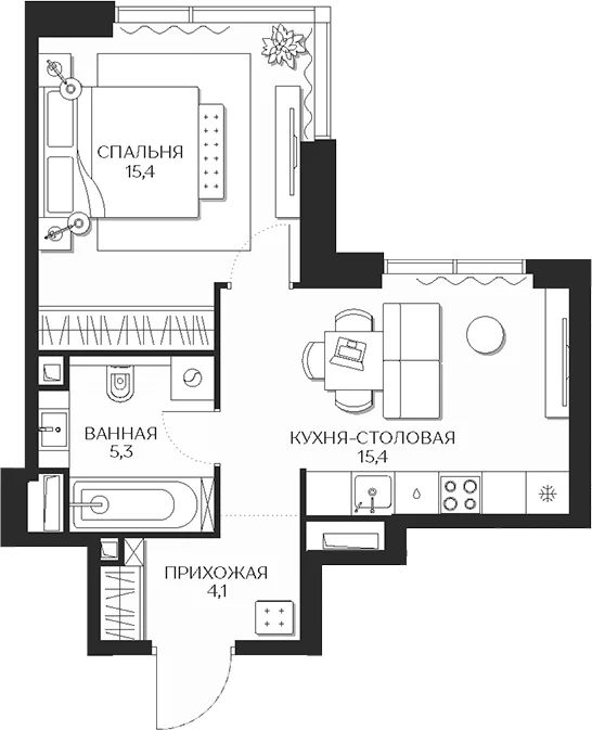 Планировка: 1-комнатная квартира 40,2 м² в ЖК «Кутузов Сити»