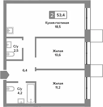 Планировка: Евротрёшка 53,4 м² в ЖК «Сити квартал Отрада»