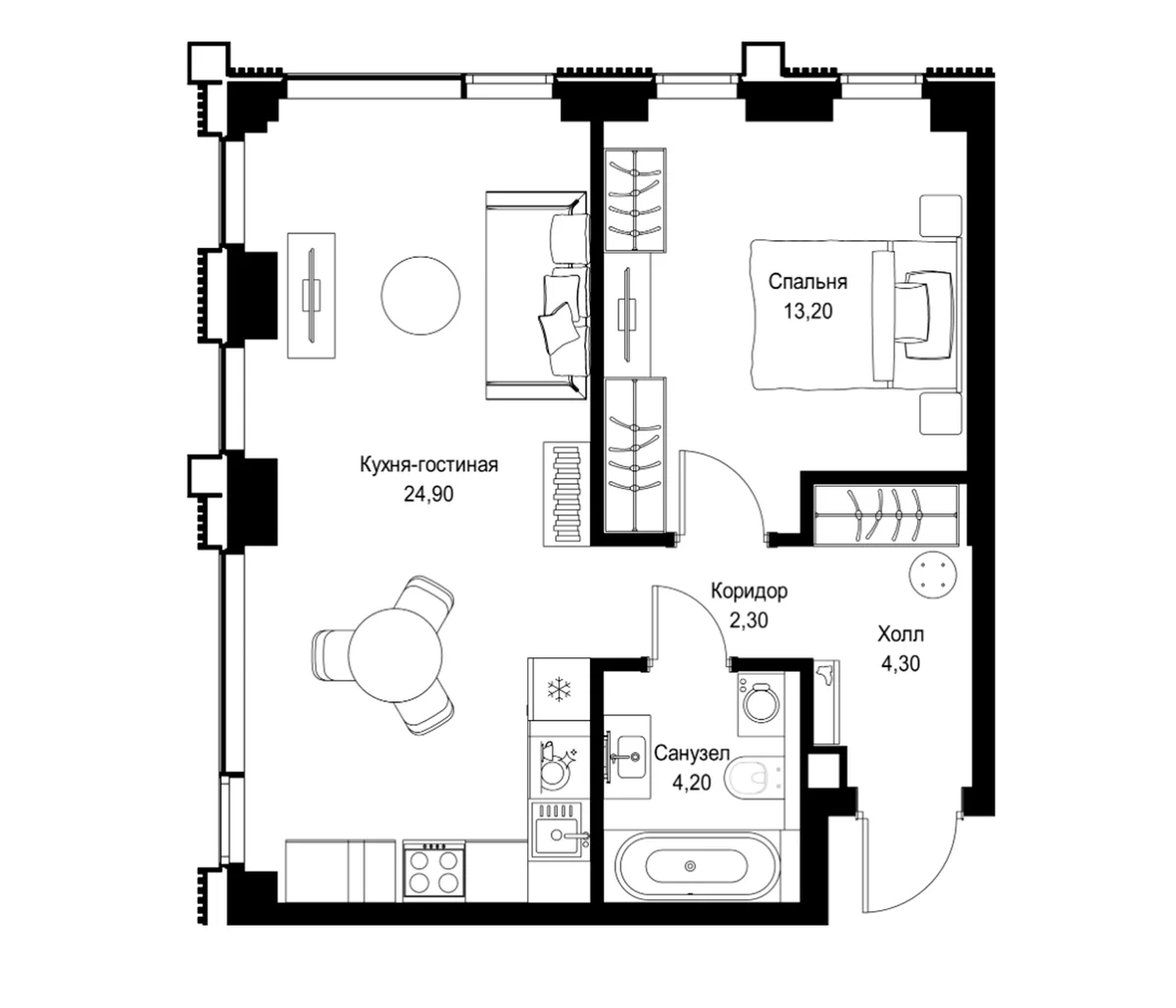 Планировка: Евродвушка 48,9 м² в ЖК «СИТИДЗЕН»