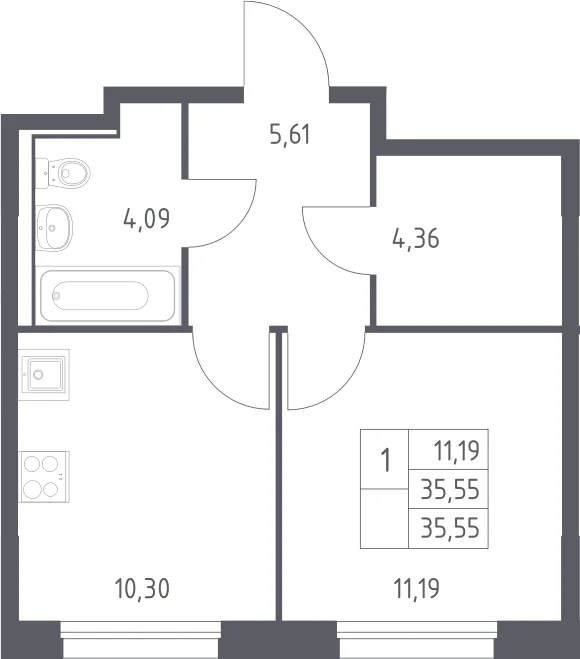 Планировка: 1-комнатная квартира 35,6 м² в ЖК «Прибрежный Парк»