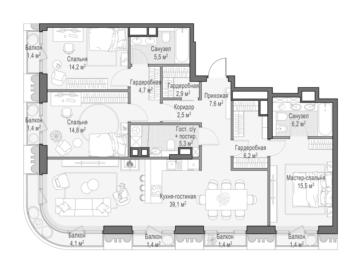 Планировка: Квартира евро-4 124,7 м² в ЖК «Квартал Тишинский бульвар»