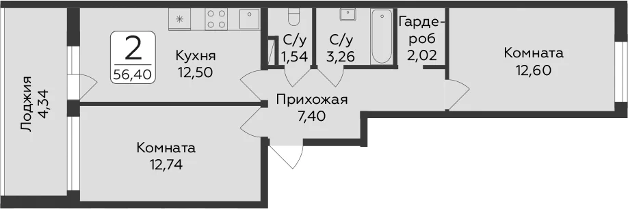 Планировка: 2-комнатная квартира 52,1 м² в ЖК «Панорама Юкки. ГК Развитие. Санкт-Петербург»