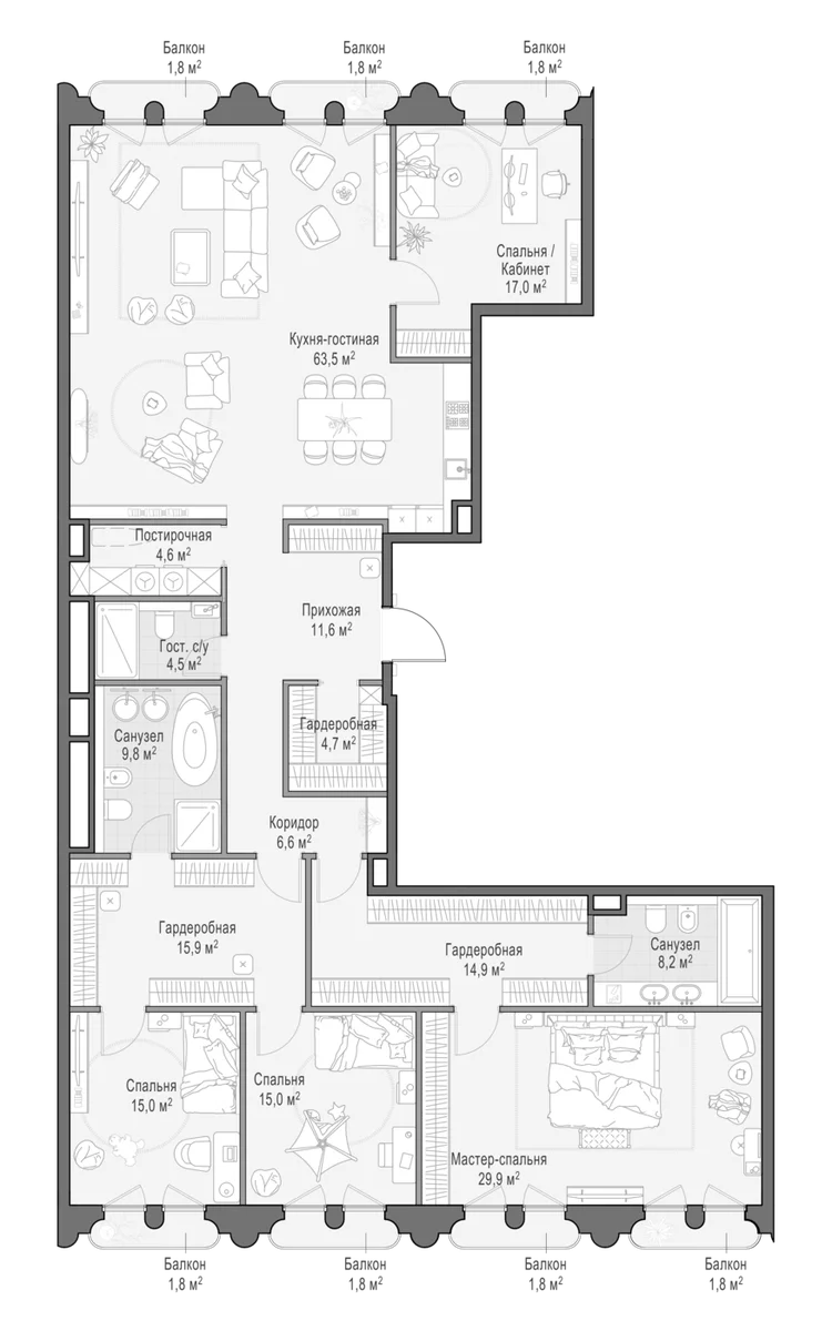 Планировка: Квартира евро-5 227,8 м² в ЖК «Клубный квартал Фрунзенский»