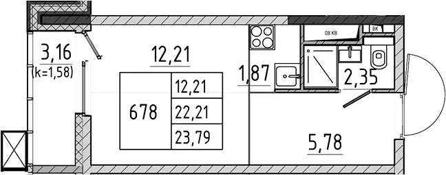 Планировка: Студия 22,2 м² в ЖК «Поварово-Молодежный-2»