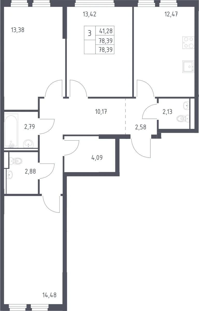 Планировка: 3-комнатная квартира 78,4 м² в ЖК «Пригород Лесное»