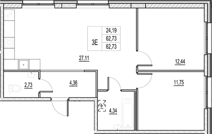 Планировка: Евротрёшка 62,7 м² в ЖК «Город-спутник Южный»